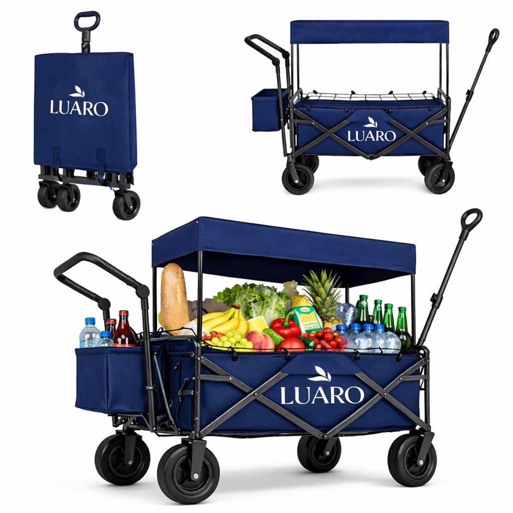 LUARO sklopiva kolica za prijevoz na plažu s nadstrešnicom i mrežom plava