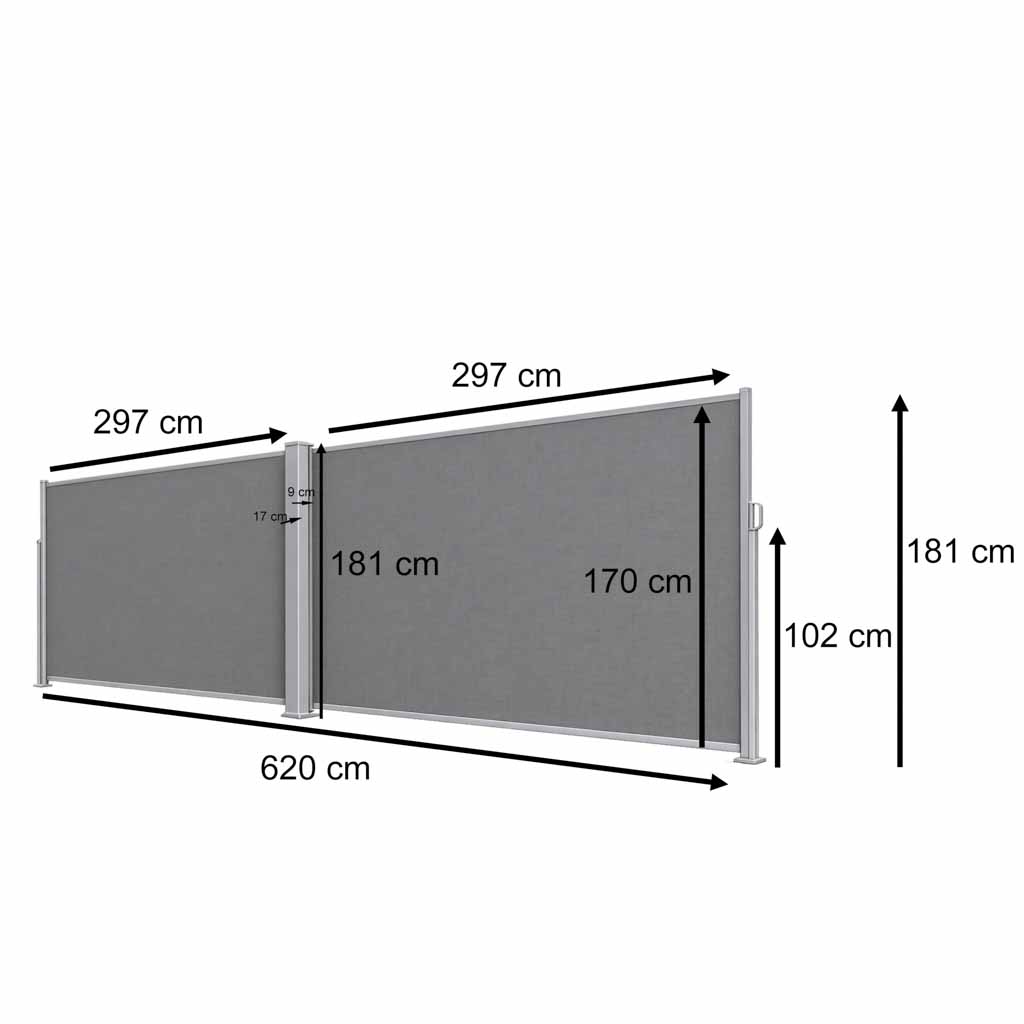 LUARO kutna bočna tenda za terasu, uvlačiva 180 x 600 cm, siva