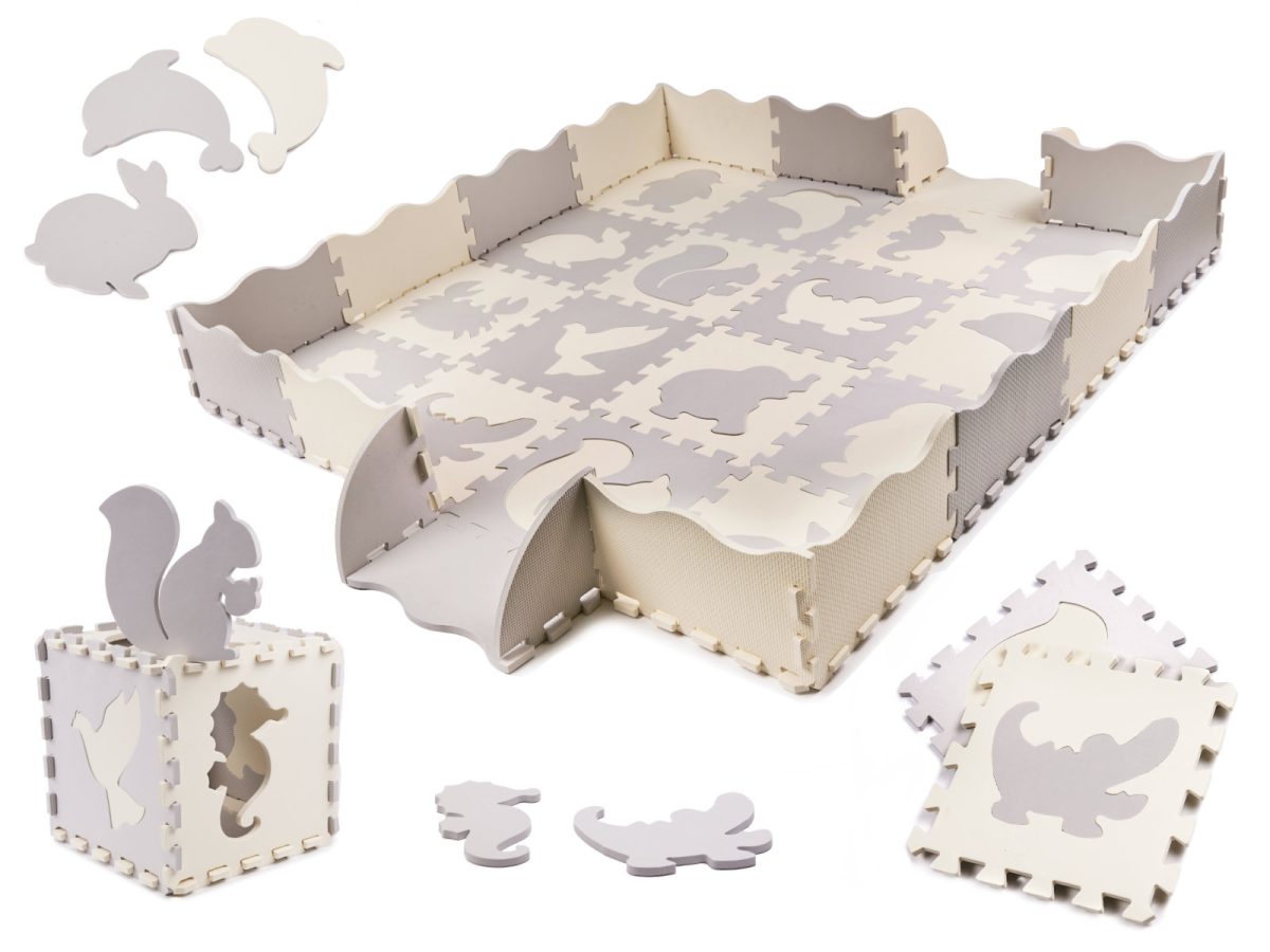 KX6269 Puzzle piankowe mata kojec dla dzieci 36el szaro-ecru 1-3 Edukativna pjenasta podloga za igru, sivo-ekru, 36 elemenata 150x150 cm