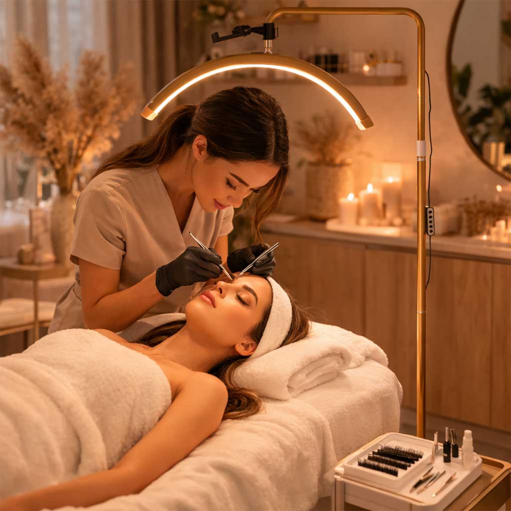 LED kozmetička lampa za ekstenzije trepavica, svjetlo bez treperenja, zlatna, luk