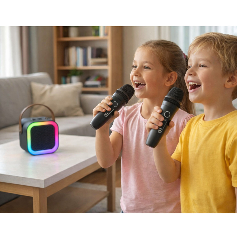Karaoke zvučnik s 2 mikrofona BLUETOOTH USB LED CRNI