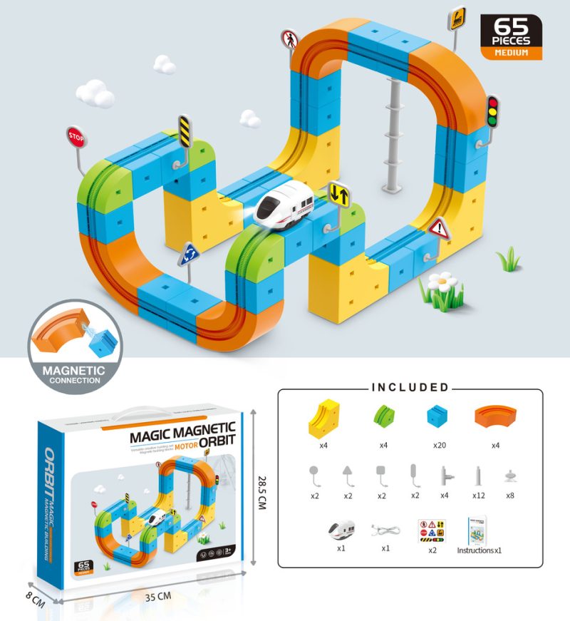 Set magnetskih blokova za trkaću stazu i vlakove, 65 dijelova