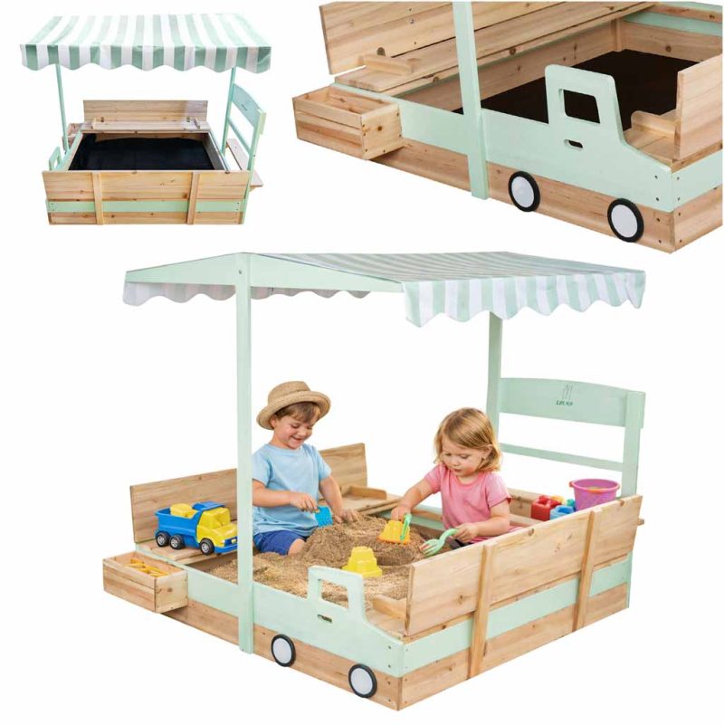 LULILO Vendo drveni pješčanik s rotirajućom nadstrešnicom od 360° i klupom s mogućnošću zatvaranja 120 cm