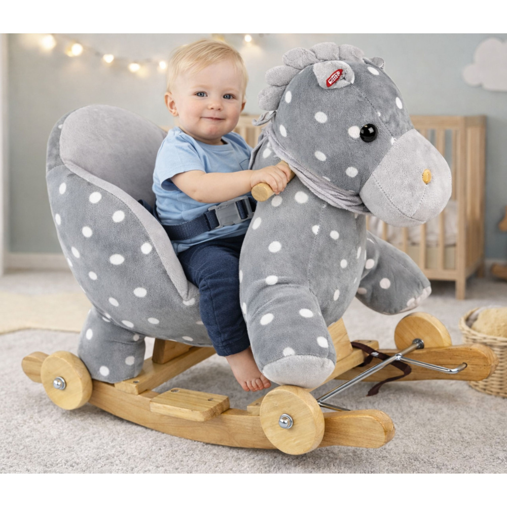 Konjić za ljuljanje 2u1 sivi s točkicama