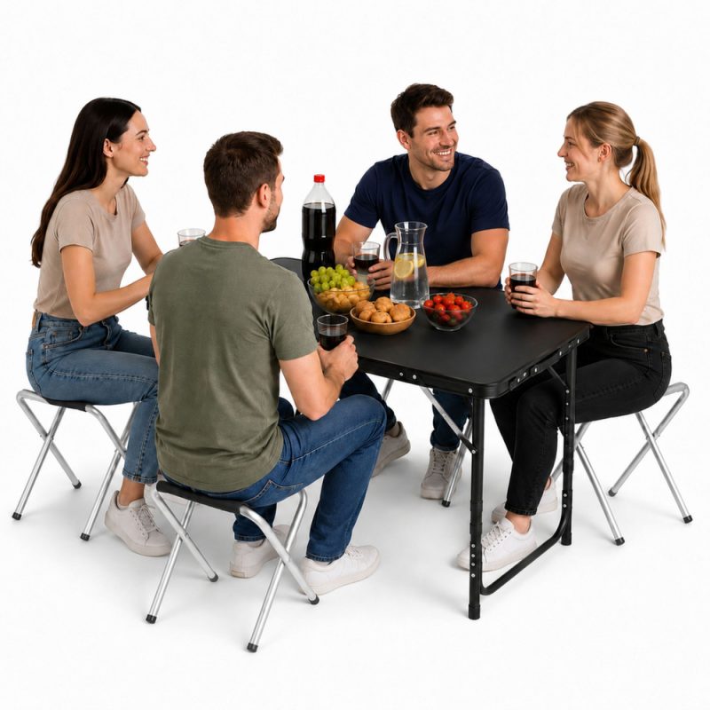 Set kamperskog namještaja, sklopivi stol, 4 stolice, crni