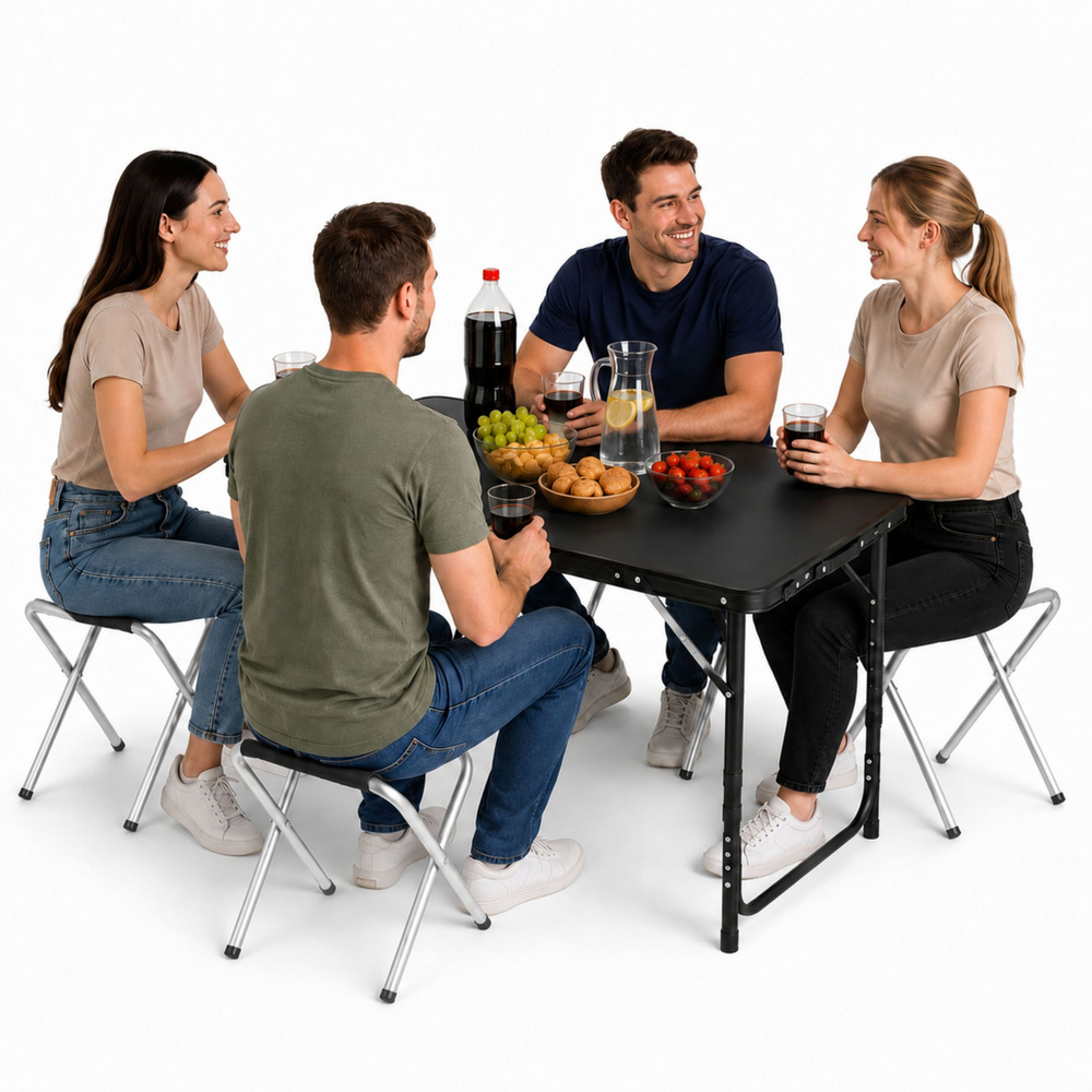 Set kamperskog namještaja, sklopivi stol, 4 stolice, crni
