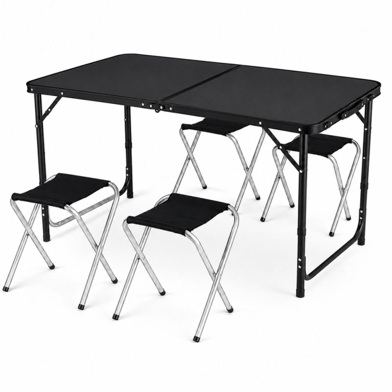 Set kamperskog namještaja, sklopivi stol, 4 stolice, crni