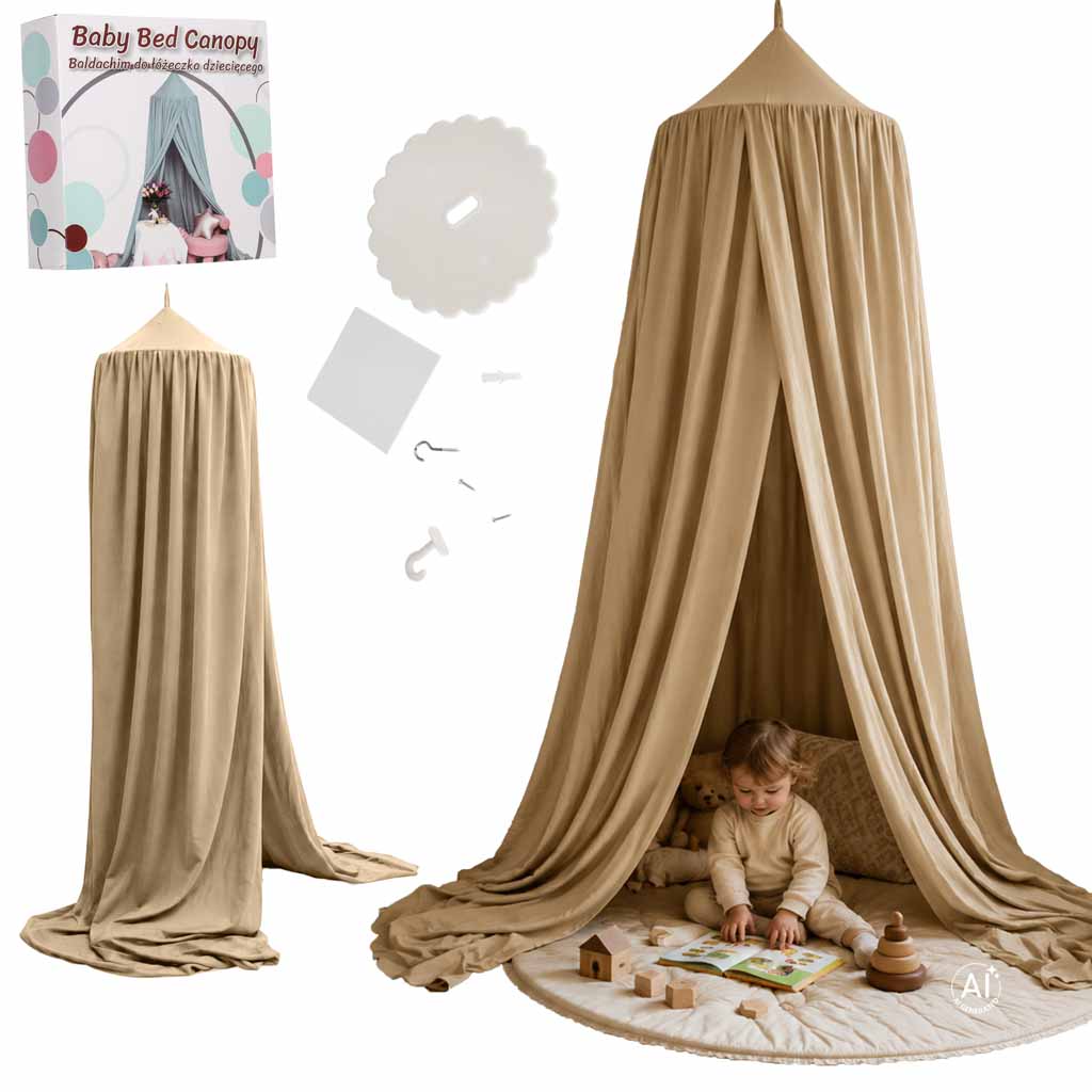 Baby-canopy-over-crib-curtain-tent-tipi-hanging-beige-188731 Viseći bež šator/baldahin za dječji krevetić (tipi stil)
