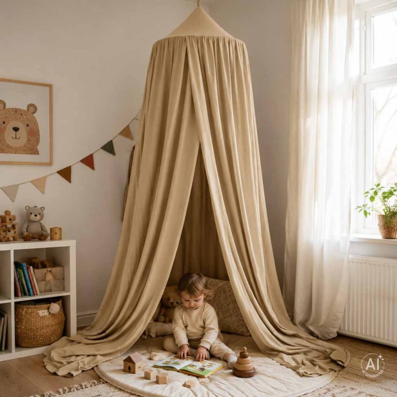 Baby-canopy-over-crib-curtain-tent-tipi-hanging-beige-188736 Viseći bež šator/baldahin za dječji krevetić (tipi stil)