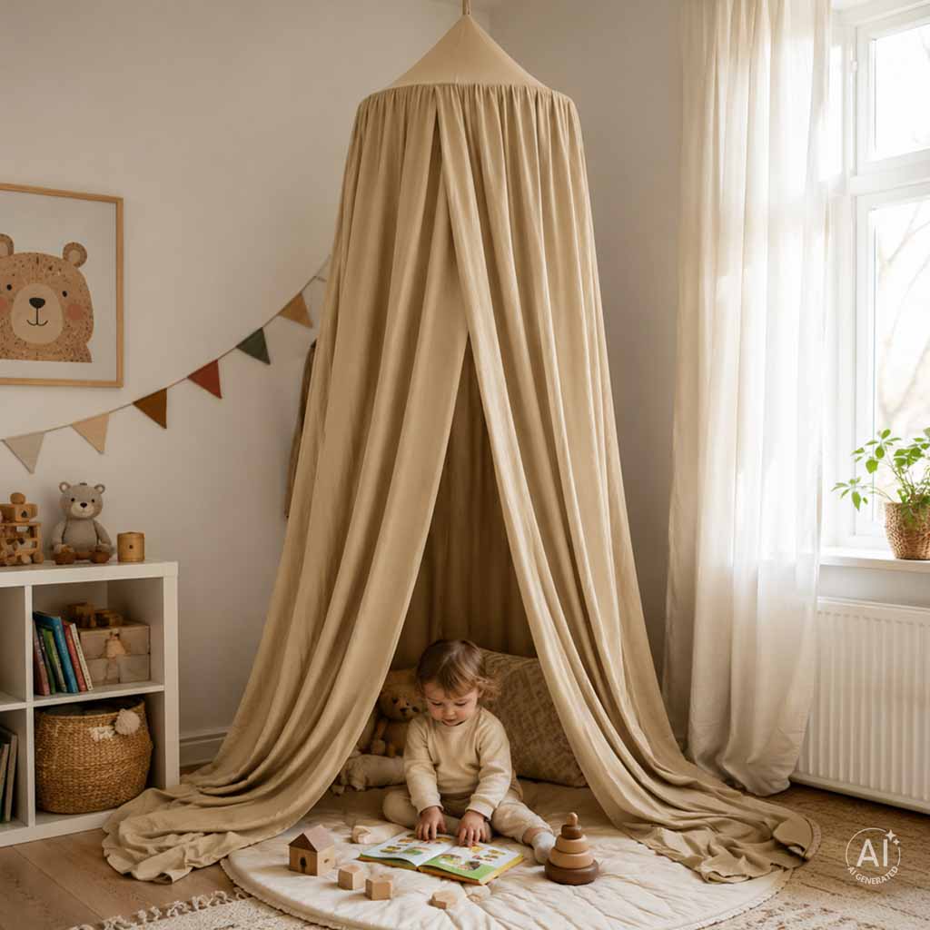 Baby-canopy-over-crib-curtain-tent-tipi-hanging-beige-188736 Viseći bež šator/baldahin za dječji krevetić (tipi stil)