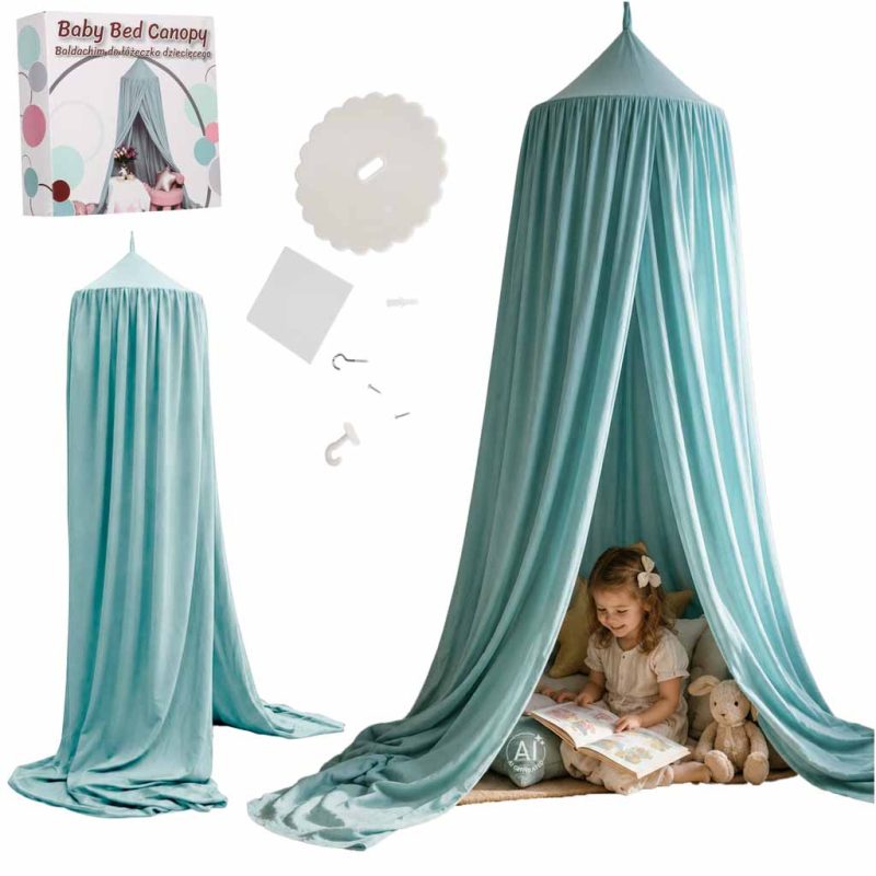 Baby-canopy-over-crib-curtain-tent-tipi-hanging-green-188724 Viseći plavi šator/baldahin za dječji krevetić (tipi stil)