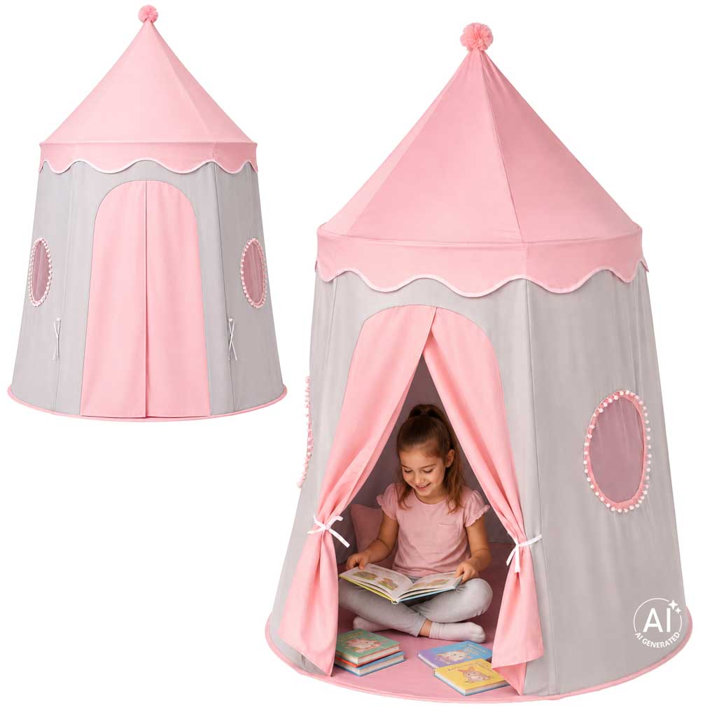 Folding-castle-playhouse-tent-for-kids-rooms-gray-and-pink-188605 Sklopivi šator za igru u obliku dvorca za dječje sobe – sivo-ružičasti
