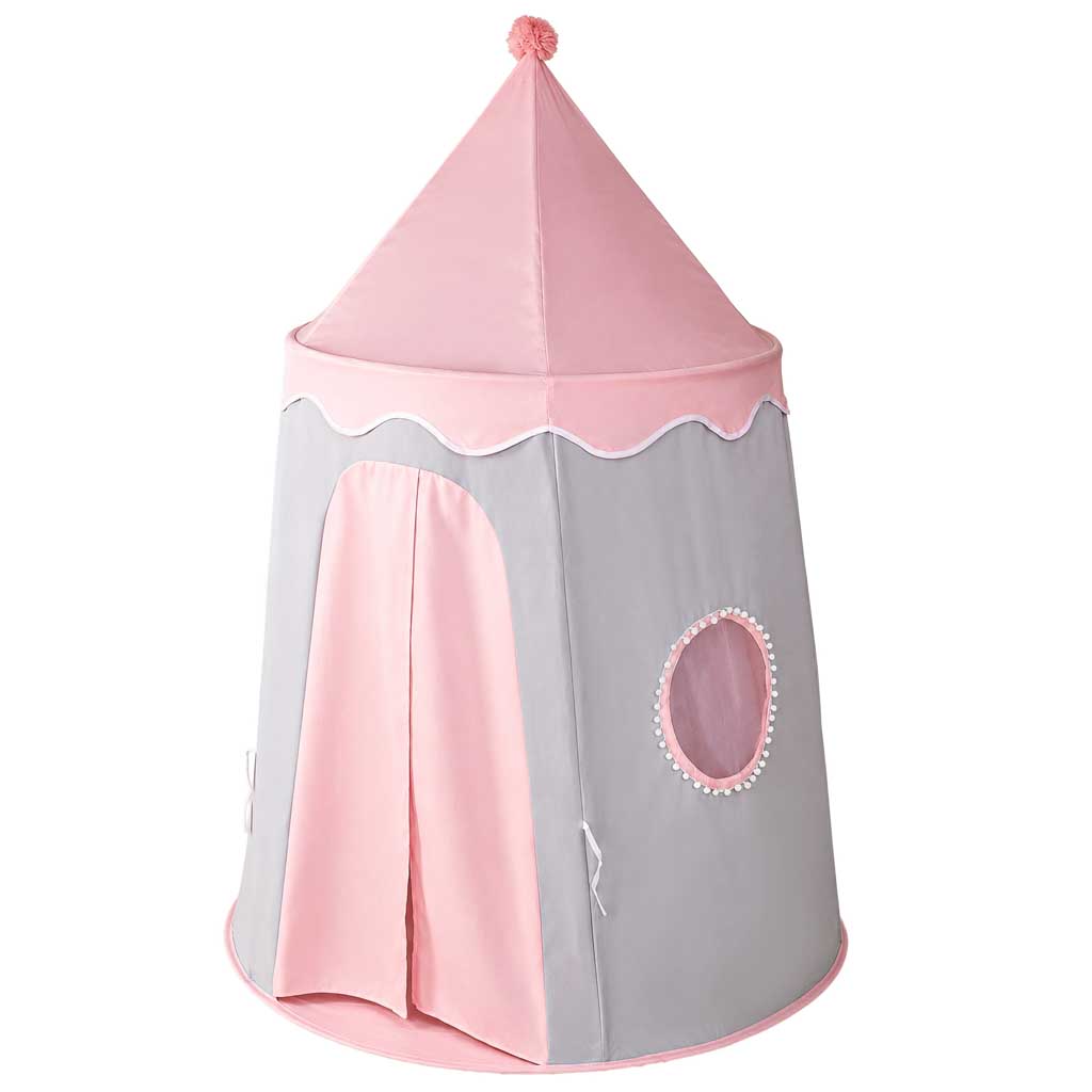 Folding-castle-playhouse-tent-for-kids-rooms-gray-and-pink-188607 Sklopivi šator za igru u obliku dvorca za dječje sobe – sivo-ružičasti