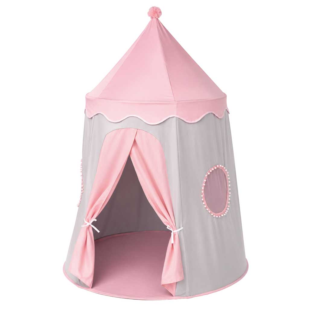 Folding-castle-playhouse-tent-for-kids-rooms-gray-and-pink-188608 Sklopivi šator za igru u obliku dvorca za dječje sobe – sivo-ružičasti