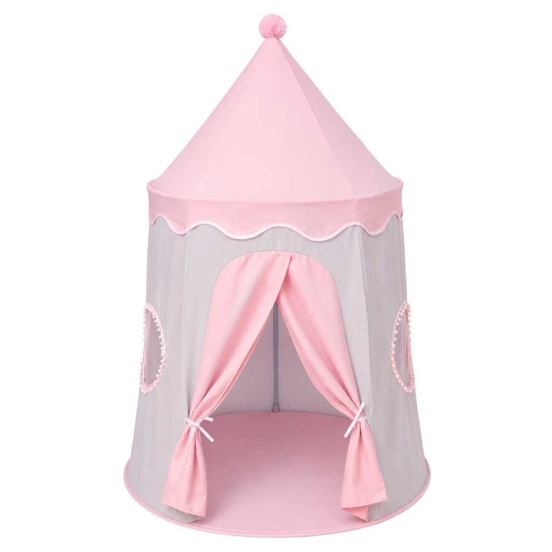 Folding-castle-playhouse-tent-for-kids-rooms-gray-and-pink-188609 Sklopivi šator za igru u obliku dvorca za dječje sobe – sivo-ružičasti