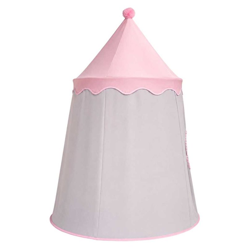 Folding-castle-playhouse-tent-for-kids-rooms-gray-and-pink-188611 Sklopivi šator za igru u obliku dvorca za dječje sobe – sivo-ružičasti