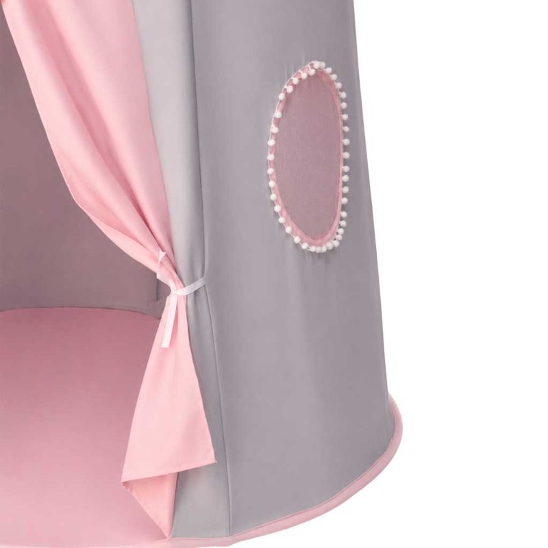 Folding-castle-playhouse-tent-for-kids-rooms-gray-and-pink-188612 Sklopivi šator za igru u obliku dvorca za dječje sobe – sivo-ružičasti