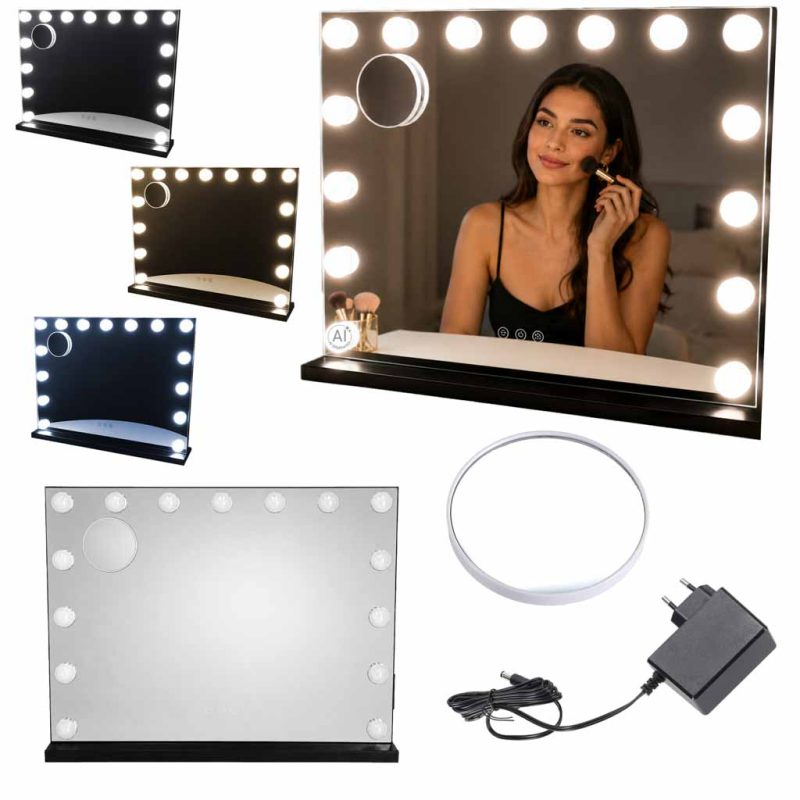 LED-makeup-mirror-with-15-bulbs-cosmetic-zoom-x10-brightness-adjustment-189050 LED ogledalo za šminkanje s 15 žaruljica, kozmetičko, s uvećanjem 10x i podešavanjem svjetline