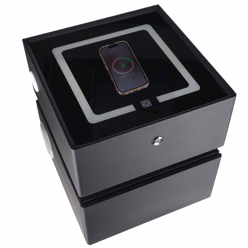 Bedside-cabinet-hanging-with-drawers-LED-lighting-a-USB-charging-port-and-a-Bluetooth-speaker-black-190654 Pametni noćni ormarić s bravom na otisak prsta i bežičnim punjenjem – crni