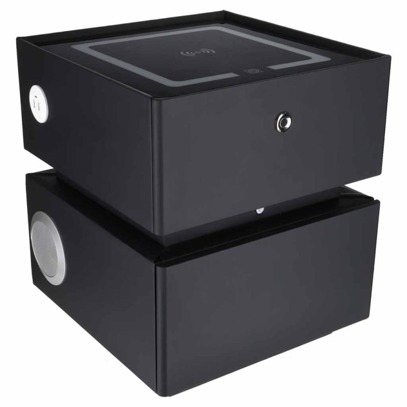 Bedside-cabinet-hanging-with-drawers-LED-lighting-a-USB-charging-port-and-a-Bluetooth-speaker-black-190656 Pametni noćni ormarić s bravom na otisak prsta i bežičnim punjenjem – crni