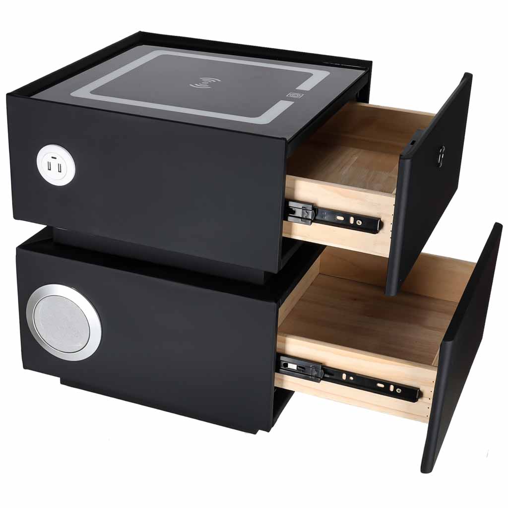 Bedside-cabinet-hanging-with-drawers-LED-lighting-a-USB-charging-port-and-a-Bluetooth-speaker-black-190660 Pametni noćni ormarić s bravom na otisak prsta i bežičnim punjenjem – crni
