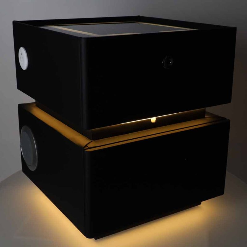 Bedside-cabinet-hanging-with-drawers-LED-lighting-a-USB-charging-port-and-a-Bluetooth-speaker-black-190665 Pametni noćni ormarić s bravom na otisak prsta i bežičnim punjenjem – crni