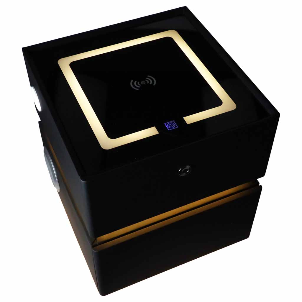 Bedside-cabinet-hanging-with-drawers-LED-lighting-a-USB-charging-port-and-a-Bluetooth-speaker-black-190666 Pametni noćni ormarić s bravom na otisak prsta i bežičnim punjenjem – crni