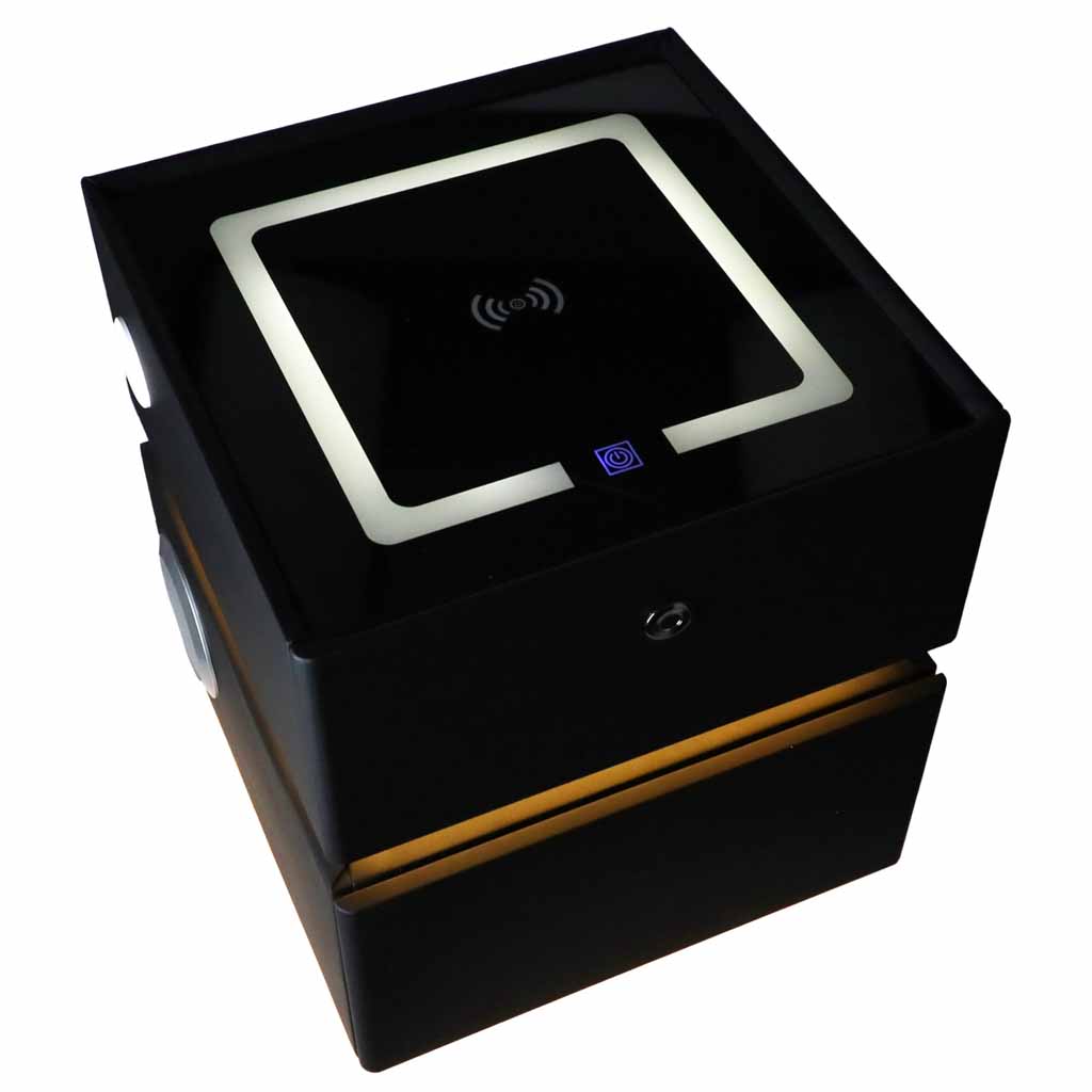 Bedside-cabinet-hanging-with-drawers-LED-lighting-a-USB-charging-port-and-a-Bluetooth-speaker-black-190667 Pametni noćni ormarić s bravom na otisak prsta i bežičnim punjenjem – crni