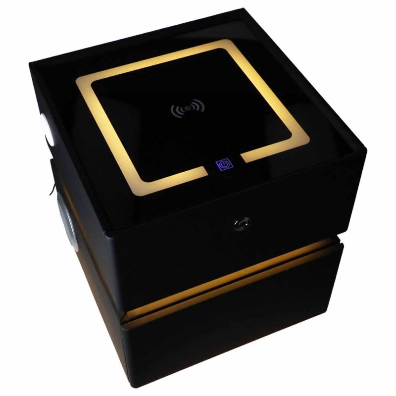 Bedside-cabinet-hanging-with-drawers-LED-lighting-a-USB-charging-port-and-a-Bluetooth-speaker-black-190668 Pametni noćni ormarić s bravom na otisak prsta i bežičnim punjenjem – crni