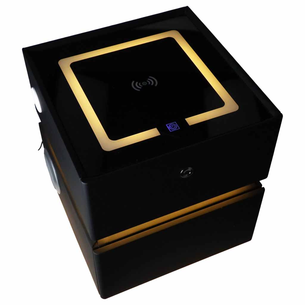 Bedside-cabinet-hanging-with-drawers-LED-lighting-a-USB-charging-port-and-a-Bluetooth-speaker-black-190668 Pametni noćni ormarić s bravom na otisak prsta i bežičnim punjenjem – crni