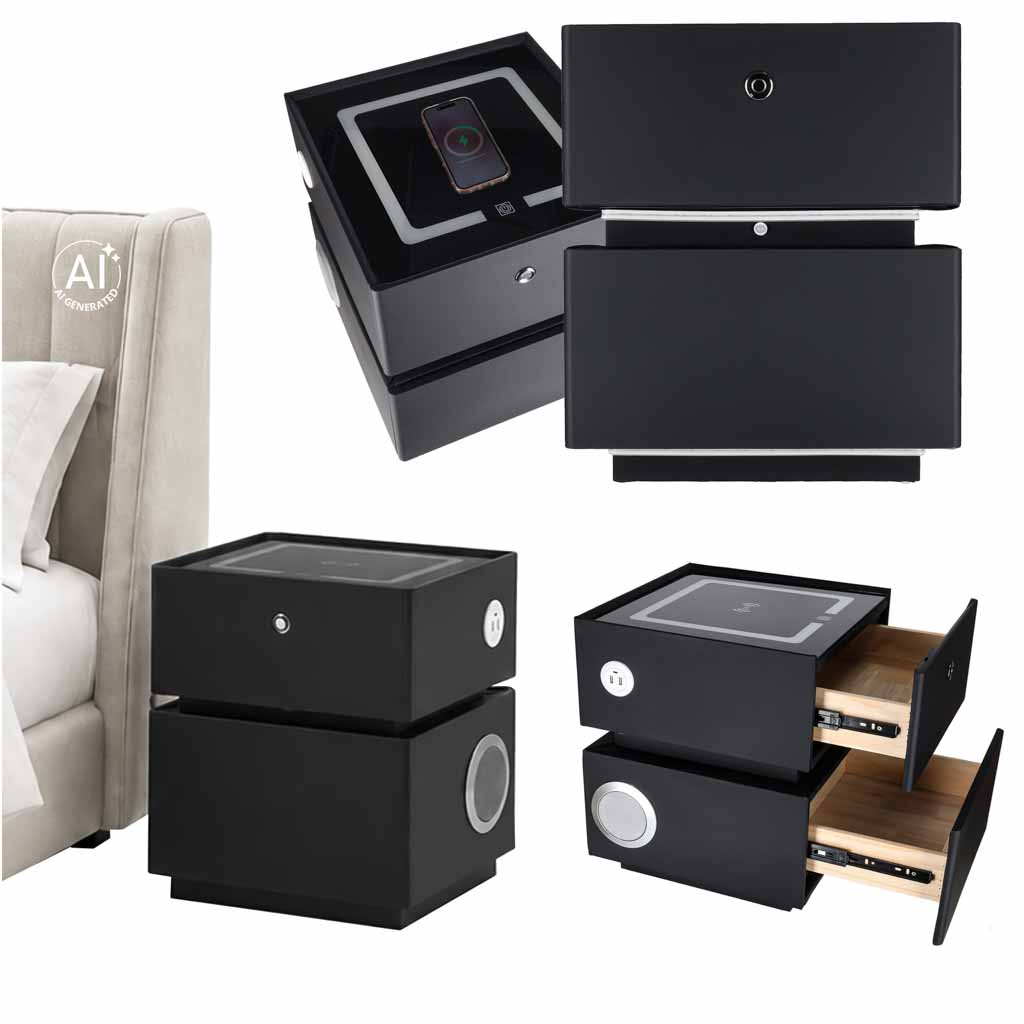Bedside-cabinet-hanging-with-drawers-LED-lighting-a-USB-charging-port-and-a-Bluetooth-speaker-black-190672 Pametni noćni ormarić s bravom na otisak prsta i bežičnim punjenjem – crni