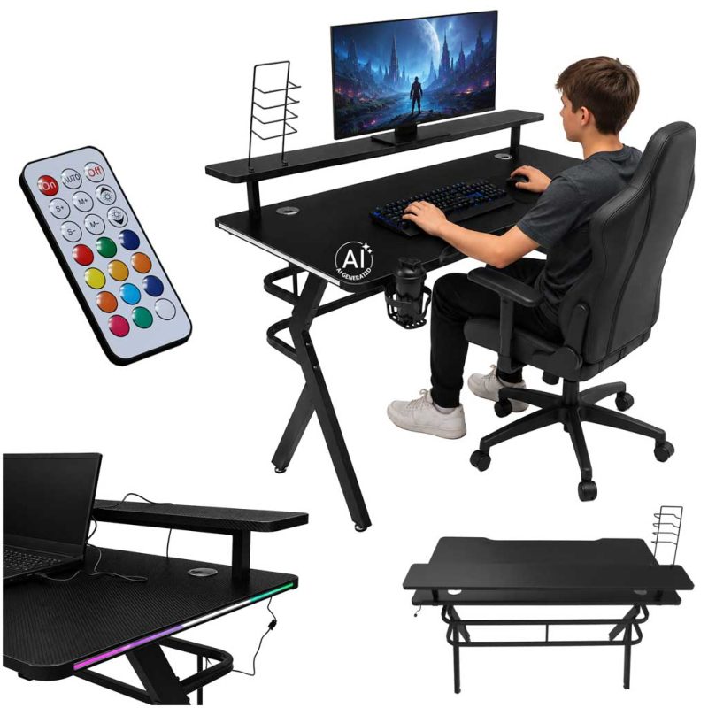 Gaming stol s RGB LED nastavkom i nosačima za računalo, dimenzija 120 x 60 cm