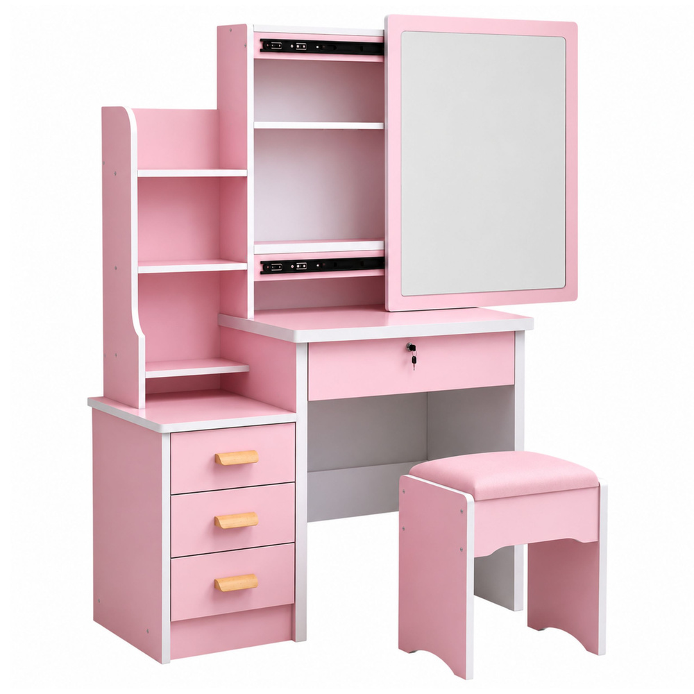 eng_pl_Cosmetic-Dressing-Table-with-Mirror-Drawers-Shelves-Stool-Pink-130x80x36-cm-31859_2 Kozmetički toaletni stolić s ogledalom, ladicama, policama i stolcem, roza, 130 x 80 x 36 cm