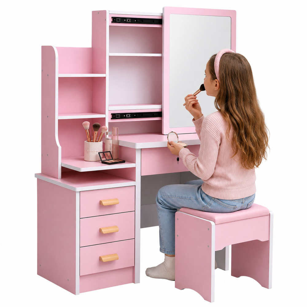 eng_pl_Cosmetic-Dressing-Table-with-Mirror-Drawers-Shelves-Stool-Pink-130x80x36-cm-31859_3 Kozmetički toaletni stolić s ogledalom, ladicama, policama i stolcem, roza, 130 x 80 x 36 cm
