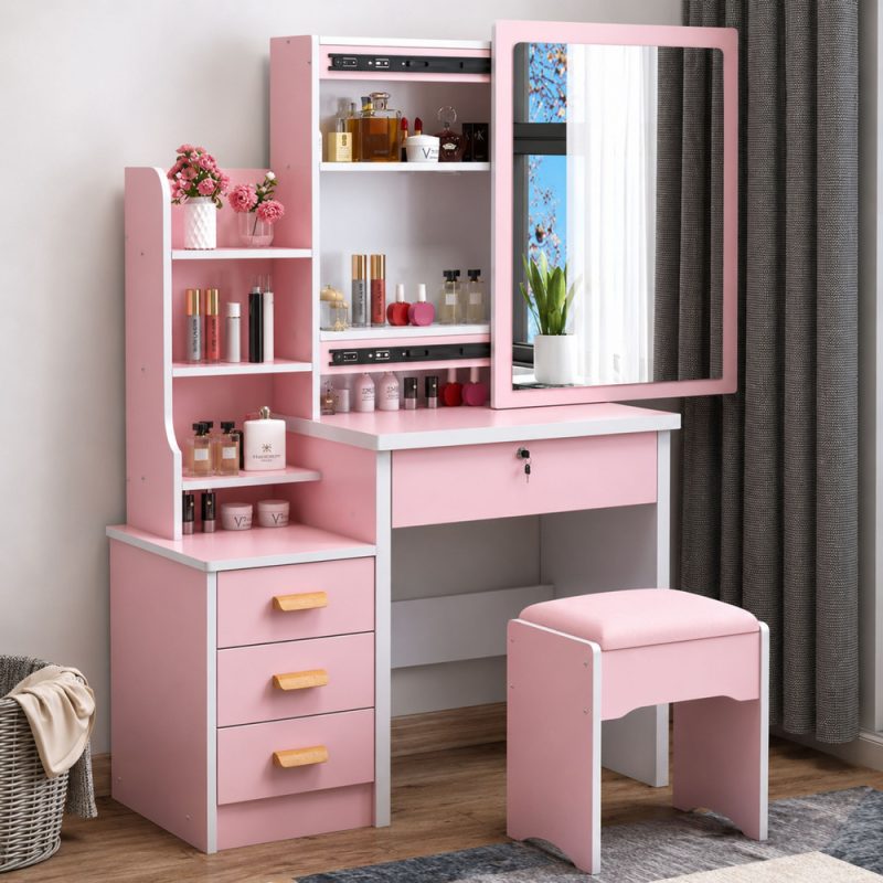 eng_pl_Cosmetic-Dressing-Table-with-Mirror-Drawers-Shelves-Stool-Pink-130x80x36-cm-31859_4 Kozmetički toaletni stolić s ogledalom, ladicama, policama i stolcem, roza, 130 x 80 x 36 cm