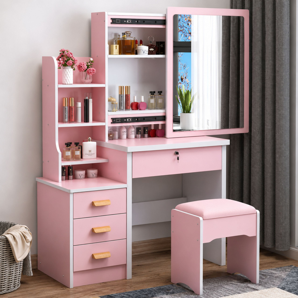 eng_pl_Cosmetic-Dressing-Table-with-Mirror-Drawers-Shelves-Stool-Pink-130x80x36-cm-31859_4 Kozmetički toaletni stolić s ogledalom, ladicama, policama i stolcem, roza, 130 x 80 x 36 cm