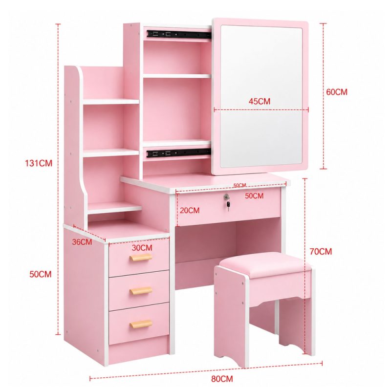eng_pl_Cosmetic-Dressing-Table-with-Mirror-Drawers-Shelves-Stool-Pink-130x80x36-cm-31859_5 Kozmetički toaletni stolić s ogledalom, ladicama, policama i stolcem, roza, 130 x 80 x 36 cm