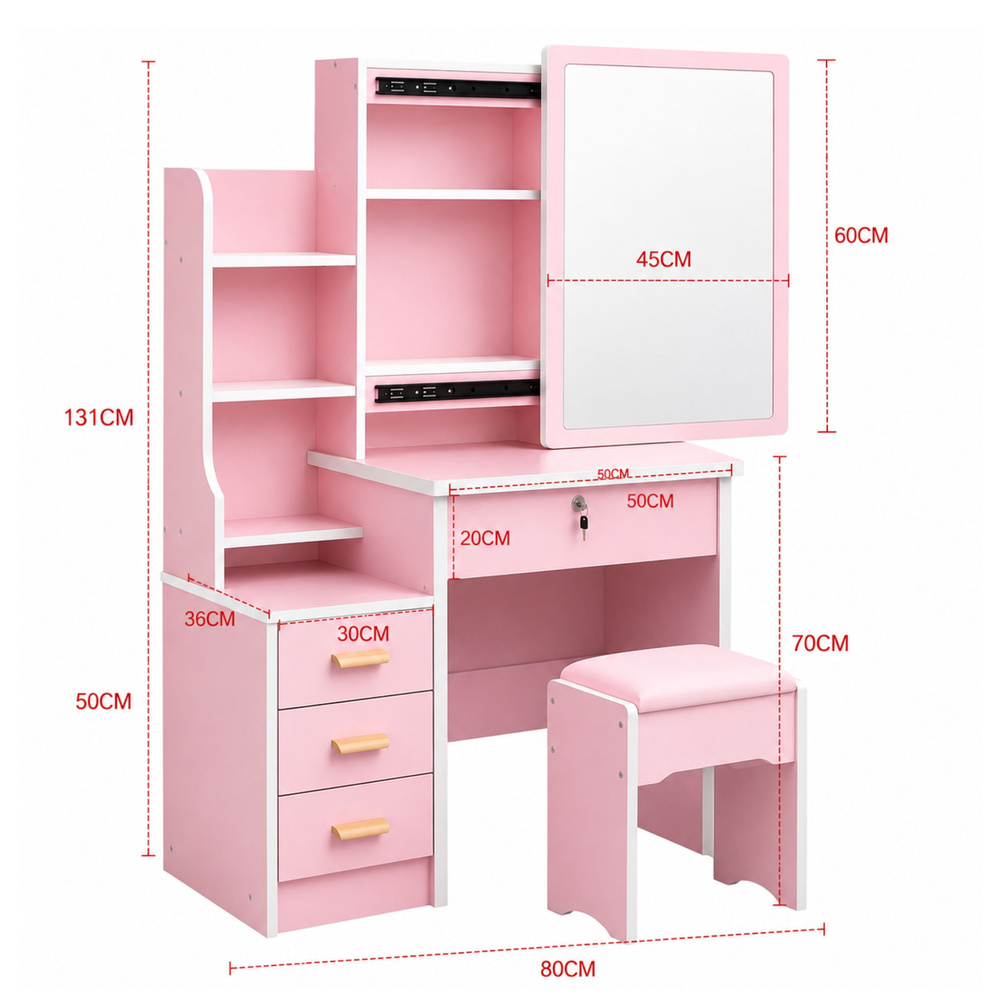 eng_pl_Cosmetic-Dressing-Table-with-Mirror-Drawers-Shelves-Stool-Pink-130x80x36-cm-31859_5 Kozmetički toaletni stolić s ogledalom, ladicama, policama i stolcem, roza, 130 x 80 x 36 cm