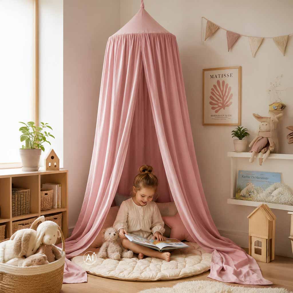 Baby-canopy-over-crib-curtain-tent-tipi-hanging-light-pink-188675 Viseći roza šator/baldahin za dječji krevetić (tipi stil)