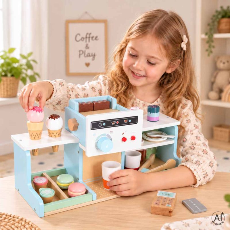 Wooden-cafe-and-bakery-for-kids-coffee-machine-cupcakes-ice-cream-desserts-192077 Drveni kafić i pekarnica za djecu s aparatom za kavu, kolačićima, sladoledom i slasticama