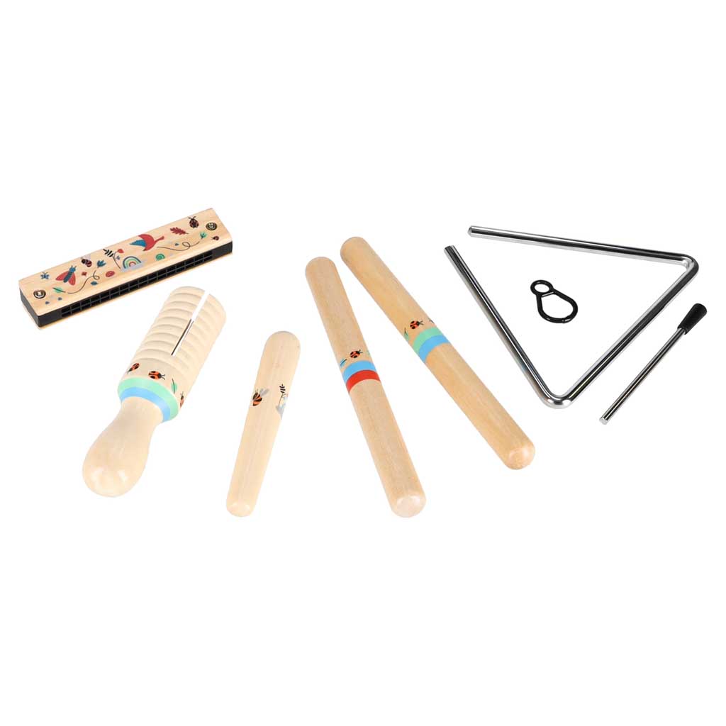Drveni glazbeni instrumenti za djecu: triangl, palice, usna harmonika, glazbeni ribež
